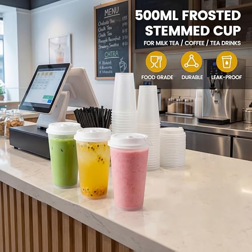 16 oz Frosted Plastic Cups Bulk Pack of 500 - 90mm for Boba Tea & Coffee