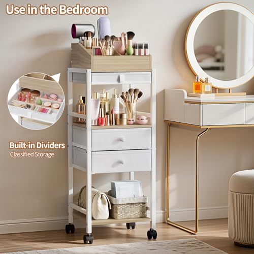 Luxspire Makeup Organizer Cart, Floor Skincare Organizers, Makeup Storage with Drawers, Vanity Organizer Cosmetics Display Cases Holder for Skin Care, Perfume, Makeup Brush, Hair Tool, Wood & White