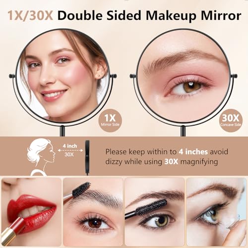 DECLUTTR 8-Inch 30X Magnifying Makeup Mirror with Stand, 15" Length, Double-Sided Metal Vanity for Bathroom & Travel, Black