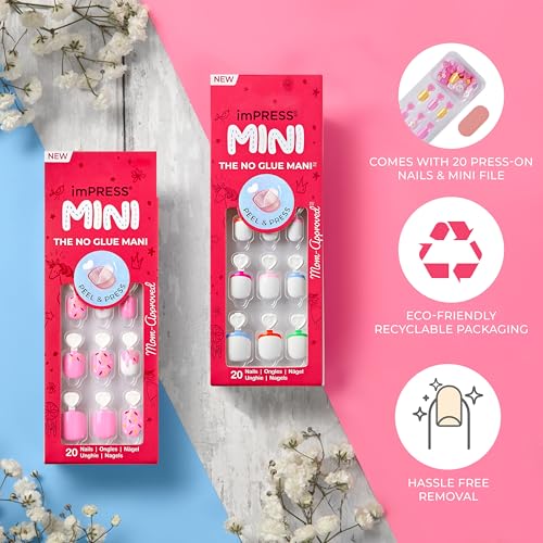 KISS imPRESS No Glue Mani Press On Nails, Mini Press-On Manicure for Kids, 'Dream Big', Pink, Kids Size, Squoval Shape, Includes 20 Fake Nails with Removable Application Tabs, 1 Mini File