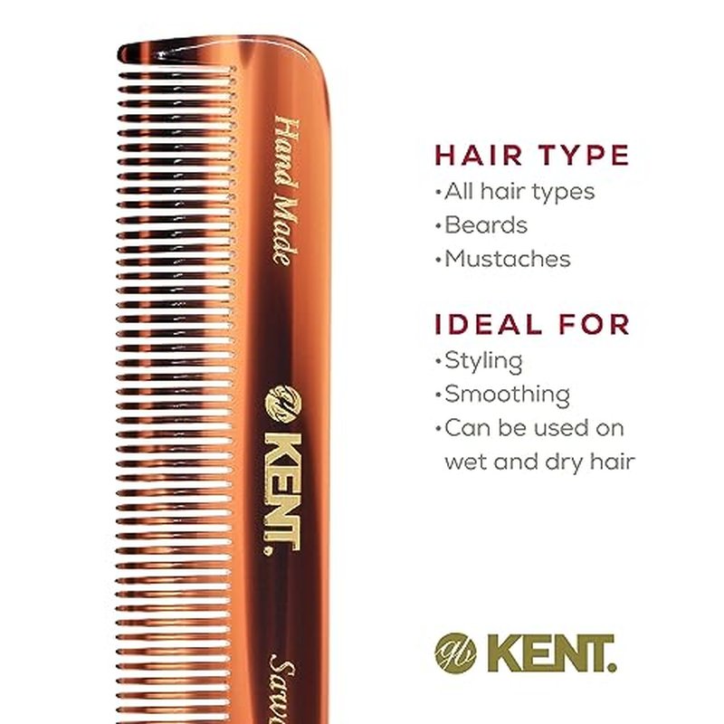 Kent FOT Tortoise Fine Tooth Handmade Pocket Comb for Men, Women and Kids, Hair Comb Straightener for Everyday Grooming and Styling, Beard and Mustache, Saw Cut and Hand Polished, Made in England