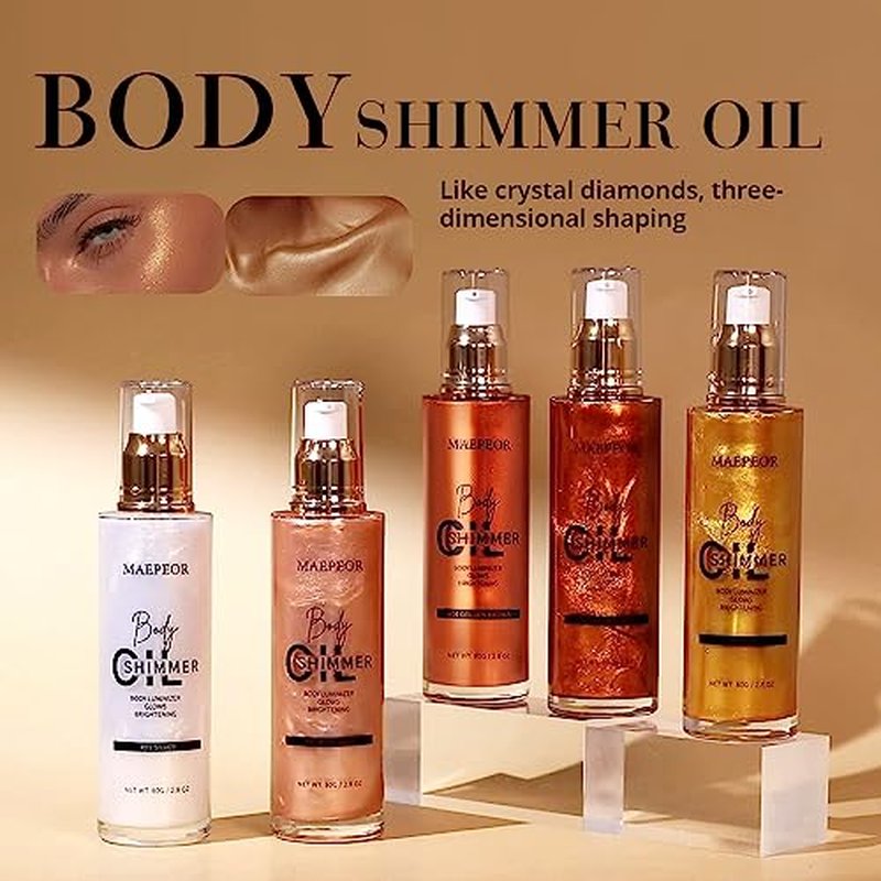 MAEPEOR Shimmer Body Luminizer 5 Colors Moisturizing Glow Illuminator Smooth and Non-sticky Summer Highlighter For Face and Body (80ML, 02 Gold)