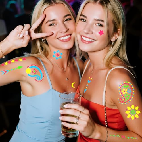 Glow in the Dark Temporary Tattoo Markers for Face Paint, 4PCS UV Neon Body Markers + 8 Sheets Temporary Tattoo Stencil for Adult, Flexible Brush Tip, Cosmetic Tattoo Pen, DIY Body Art Set