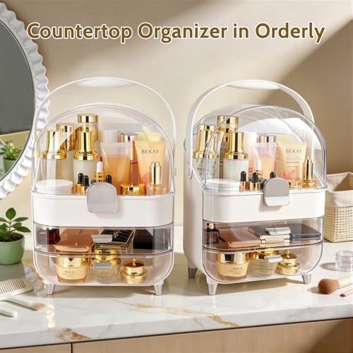 Large Makeup Organizer with Drawers & Rotating Brush Holder - Vanity Storage Case