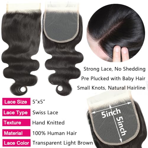 Brazilian Body Wave Hair Bundles with Closure 16 18 20 + 14 Inch Natural Color
