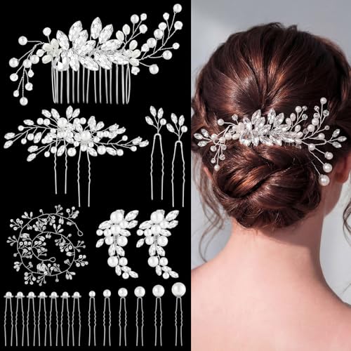 Bride Hair Accessories Pearl Crystal Combs Set - Fresh Style 44 Pieces