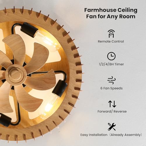Wooden Flush Mount Ceiling Fan with Light and Remote - Farmhouse Style, Light Wood Variations