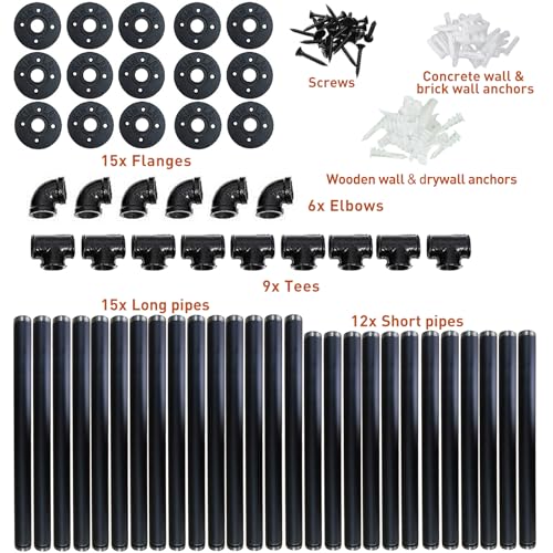 HITOMEN 3-Pack Industrial Iron Pipe Shelves 5-Tier Wall-Mounted Open Bookcase