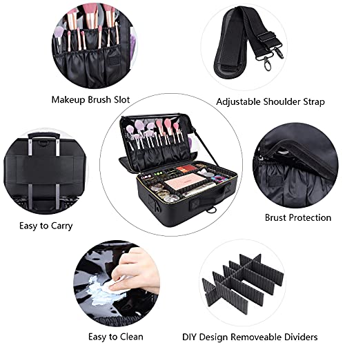 Large Capacity Travel Makeup Case - Black Portable Organizer with Adjustable Dividers and Shoulder Strap