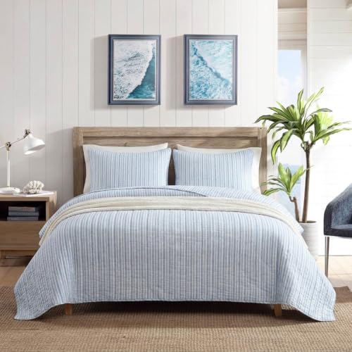 Nautica Twin Reversible Cotton Quilt Set with Sham - Coleridge Stripe Light Blue