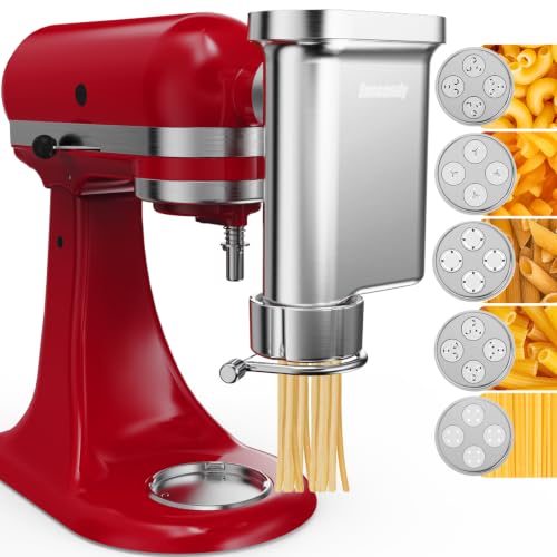 Metal Pasta Press Attachment for KitchenAid Stand Mixer – 5 Interchangeable Pasta Plates – Durable Gourmet Noodle Maker with Spaghetti, Bucatini, Fusilli, Macaroni – Variation: Pasta Press Attachment