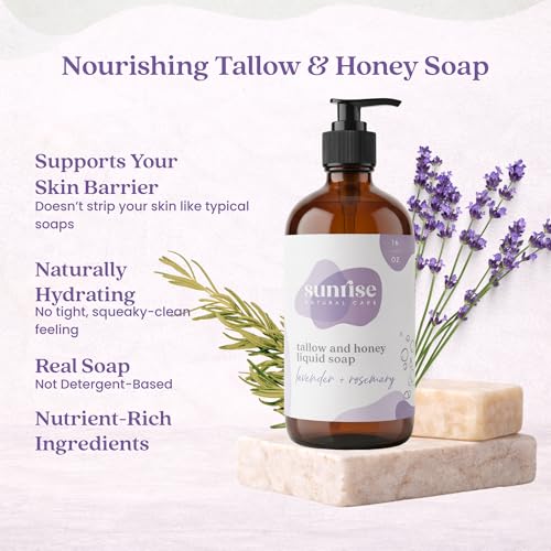 Sunrise Natural Care Lavender & Rosemary Tallow & Honey Liquid Soap 16 oz - All-Purpose Gentle Cleanser for Face, Body & Hands