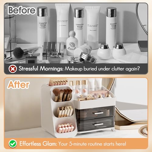 Makeup Organizer with Brush Holder for Vanity, Countertop Organizer with Drawers, Skincare Cosmetic Display Case for Beauty Essentials, Women Bathroom Make up Storage Solution for Dresser Counter