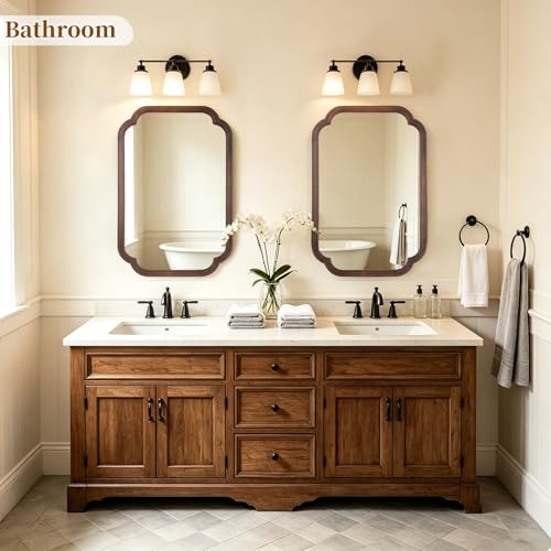 Wood Bathroom Mirror 20x30 Inch Wall Decor Arched Rustic Walnut Frame for Vanity, Bedroom, Entryway - Variation of Walnut / 30"L x 20"W