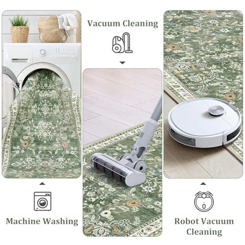 Sage Green Washable Floral Area Rug 8x10 for Living Room - Yamaziot
