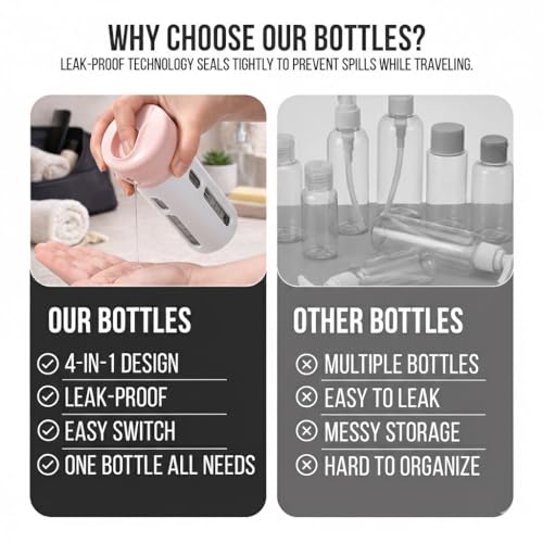 Travigo 4-in-1 Travel Dispenser Bottle, TSA Approved, Leak Proof, Four Reusable 1.4 oz. (40 mL) Toiletry Containers for Shampoo, Conditioner, Soap, Lotion, Skincare (Pink)