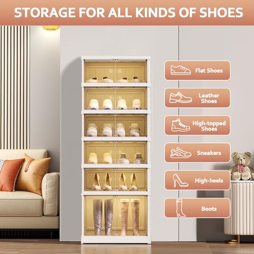 Foldable Shoe Rack Organizer 6 Tiers - White, Holds 12 Pairs, 17.3" Wide