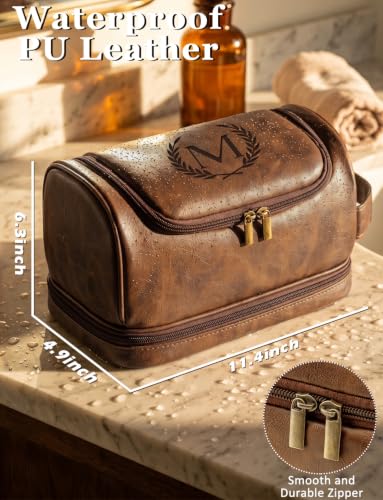Personalized PU Leather Travel Toiletry Bag for Men Him - Light Brown M