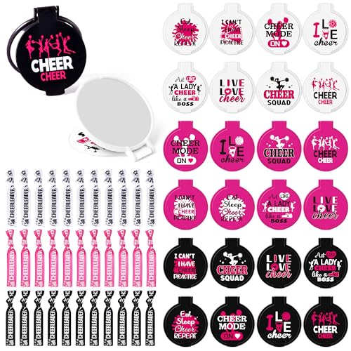 Y1tvei Cheerleading Mirror Hairband Gifts - 96Pcs Black White Pink Compact Mini Folding Pocket Mirrors with Hairbands I Love Cheer Team Accessories Bulk Gifts for Team Cheerleader Cheer Party Favors