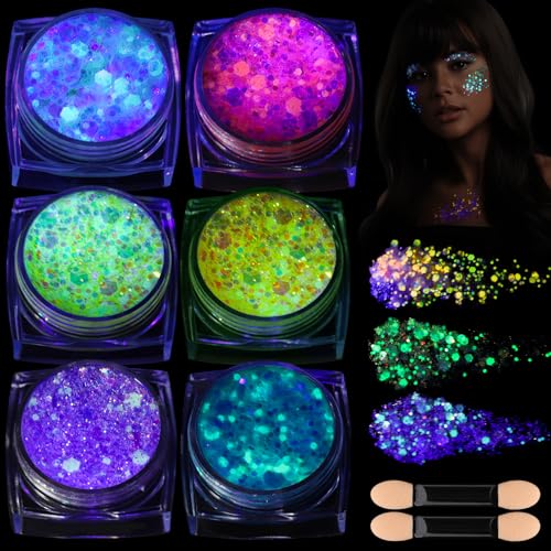 Teenitor 6 Colors Glow in The Dark Glitter Gel, Face Glitter Gel, Body Glitter Hair Glitter for Carnival Makeup UV Black Light Party Cheer Raves Festivals