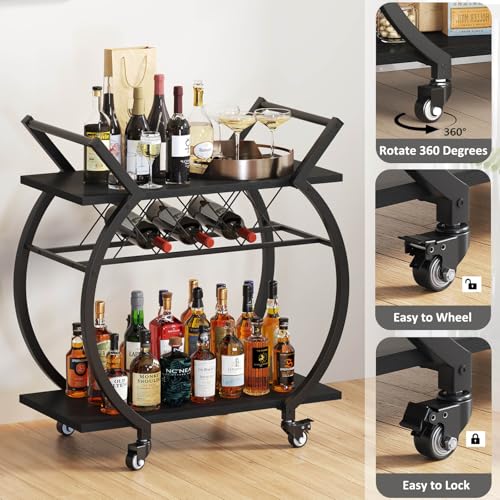 Black Arc-Shaped Bar Cart with Wheels and Wine Rack - Industrial Home Beverage Trolley with Storage