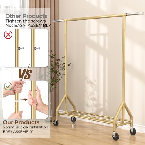 HYSEYY Gold Heavy Duty Clothing Rack 450 LBS Standing Garment Rack with Wheels