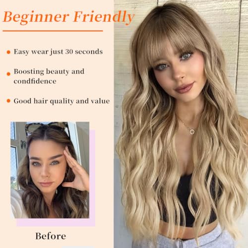 Ombre Blonde Synthetic Wig with Bangs - Long Wavy 26 Inch Hair for Women