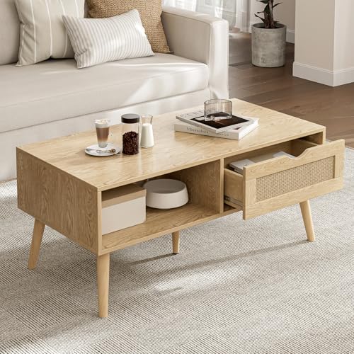 Oak Rattan Coffee Table with Drawer - Boho Natural Finish, Rustic Style