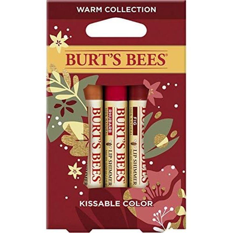 Burt's Bees Kissable Color Holiday Gift Set, 3 Lip Shimmers in Festive Gift Box, Warm Collection in Peony, Fig and Rhubarb