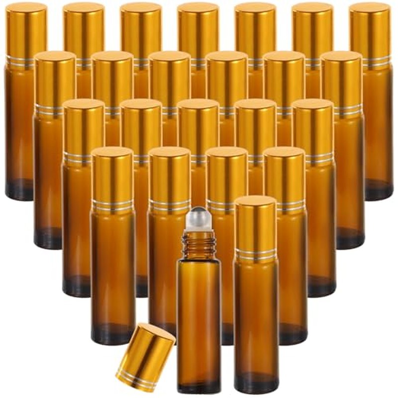 100 PCS 10 ml Amber Roller Bottles for Essential Oils - Empty Brown Glass Bottle, Refillable Roll on, Portable Travel Perfume Leakproof With Stainless Steel Ball