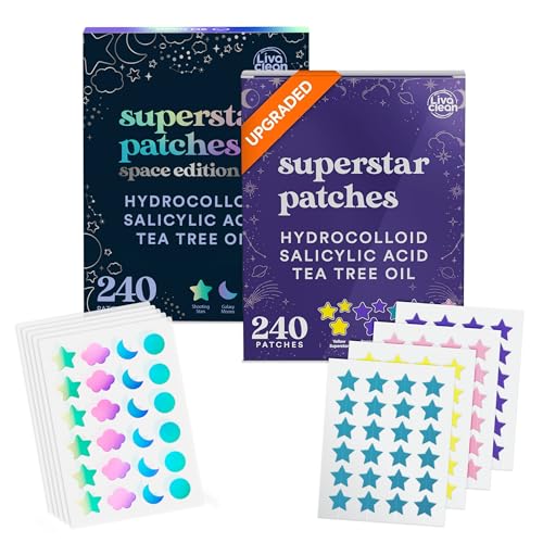 LivaClean (240 + 240 CT) Superstar Acne Patches w/Salicylic Acid & Tea Tree Multicolored & Mixed - Cute Acne Patches, Hydrocolloid Star Pimple Patch for Healing, Cute Face Stickers