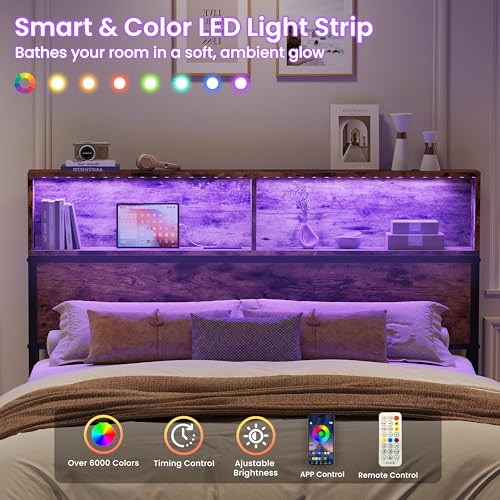 Queen Size Headboard with LED Lighting and Charging Station - Industrial Brown