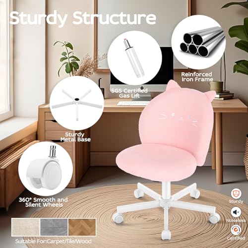 Pink Cat Vanity Chair with Plush Teddy Fleece, Armless Small Office Desk Seat - Pink-cat