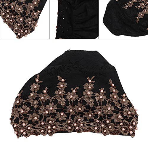 Black Turban Head Wrap for Women, Vintage Embroidered Muslim Style, Pre-Tied Lace & Fleece Hat