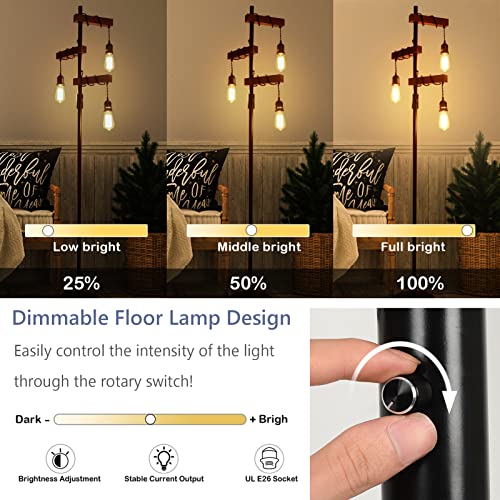 Dimmable Farmhouse Tree Floor Lamp - 68 Inch Wood & Metal Standing Lamp with 3 Lights