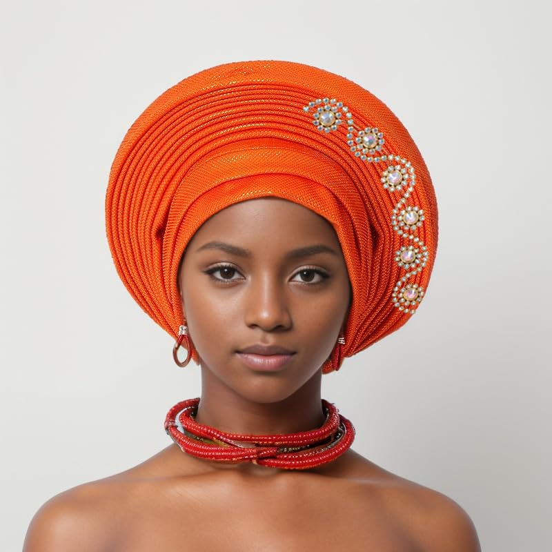 Golden Nigerian Headwrap with Stones - Auto Gele Turban for Party & Wedding