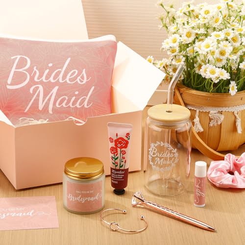 Meanplan 14 Pcs Bridesmaid Proposal Gifts Set, Will You Be My Bridesmaid Gifts with Proposal Box Glass Cup Makeup Bag Cards Lip Balm Hand Cream Candle Scrunchie Bracelet Diamond Pen for Wedding(Pink)