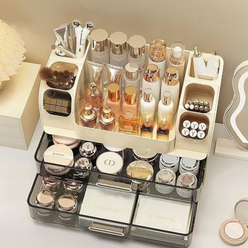 Cream Large Makeup Organizer with Drawers & Brush Slots - Vanity Storage