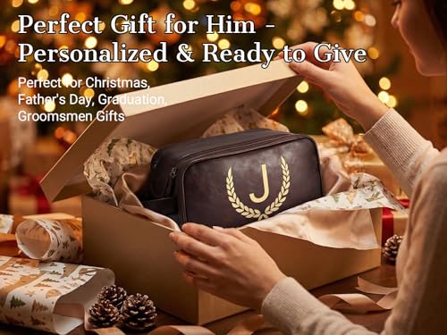 Personalized Men's Toiletry Bag - Custom PU Leather Waterproof Travel Kit with Initial - Tea Brown, Small (S)