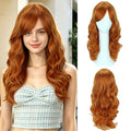 RightOn Orange Long Curly Wig with Bangs for Women - 55cm Synthetic Party Hair