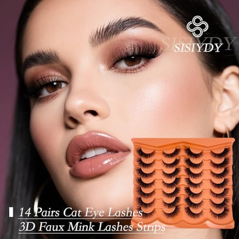 Cat Eye Lashes 16mm Short Fluffy False Eyelashes Natural Look Soft Faux Mink Eye Lashes Strips 14 Pairs Pack Volume Fox Eyelashes for Day & Night Makeup YH211