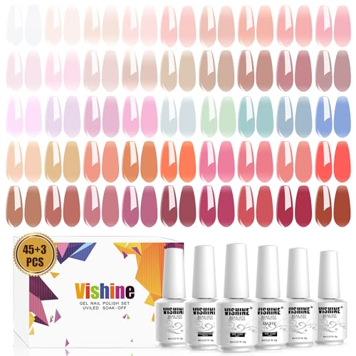 Vishine Gel Nail Polish Starter Kit with UV LED Nail Lamp, 45ColorSheer Milky Pink Jelly Nude Transparent Gel Polish, Top Coat, Base Coat & Matte Top Coat with Essential Nail Art Manicure Tools Set