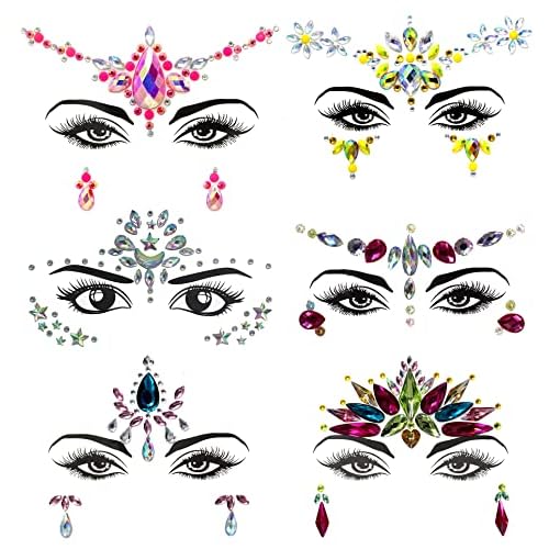 Face Jewels Tattoo Mermaid Face Crystal Stickers Rhinestones Body Glitters Removable Face Gem for Halloween Costume Party 6Pcs (Set C)