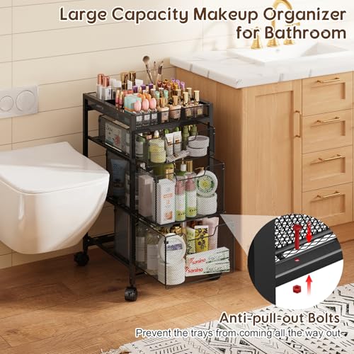 JKsmart Rolling Makeup Cart Organizer with 3 Drawers, Cosmetics Display with Dividers, Floor Skincare Storage with Wheels, Versatile Vanity Organizer for Nail Polish Perfume Brush Hair Tool, Black