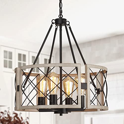 Farmhouse Chandelier 4-Light Pendant Light Fixture with White Oak Finish - Rustic Dining Room Lighting