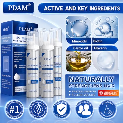 PDAM 5% Minoxidil Foam for Hair & Beard Growth - 4 Pack, 0.25 Fl Oz Each