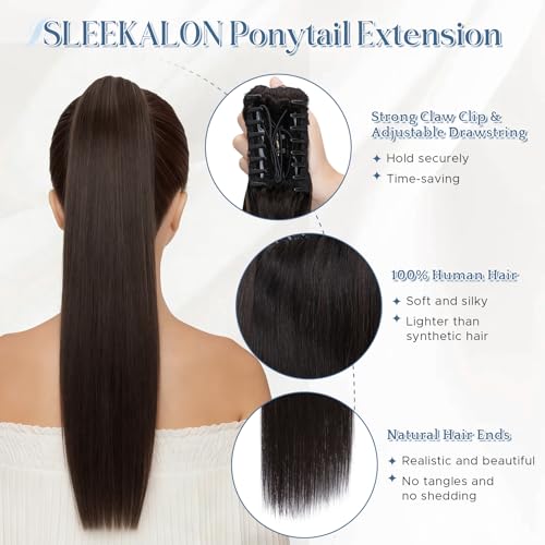 14 Inch Natural Black Remy Human Hair Ponytail Extension with Claw Clip for Women