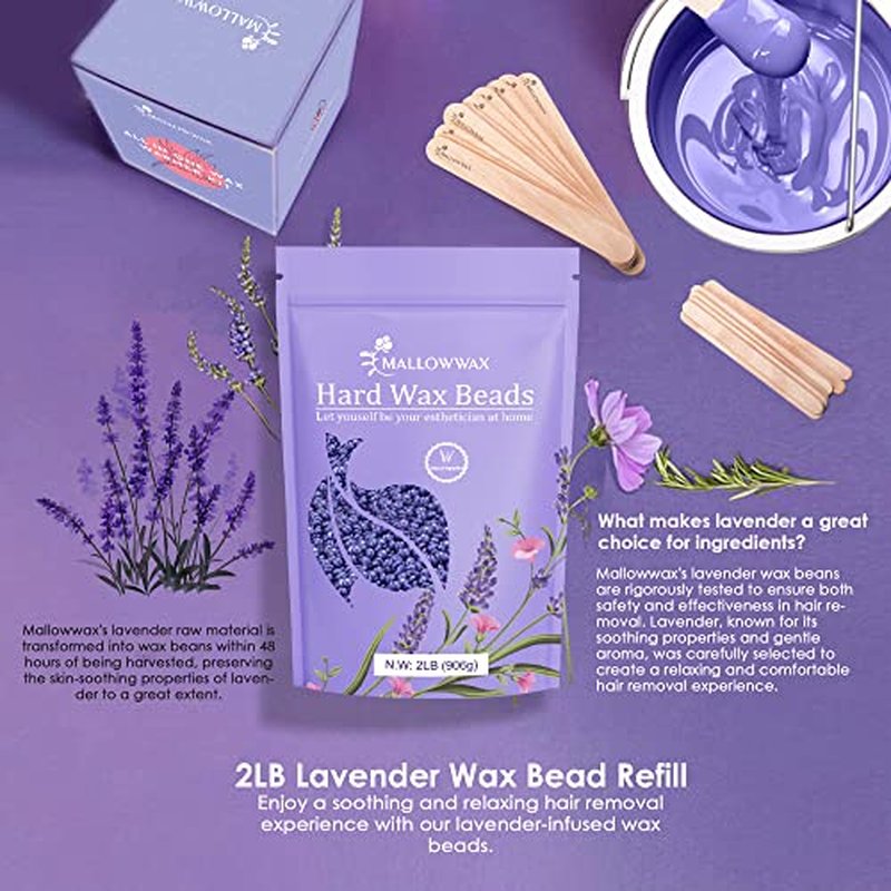Lavender - Wax Beads for Hair Removal - Natural & Hypoallergenic Formula - Stripless Refillable 2LB - Ideal for At-Home Use and Sensitive Areas