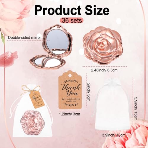 Rose Gold Compact Mirror Set - 36 Pcs Quinceanera Party Favors with Thank You Cards & Organza Bags - Rose Golden