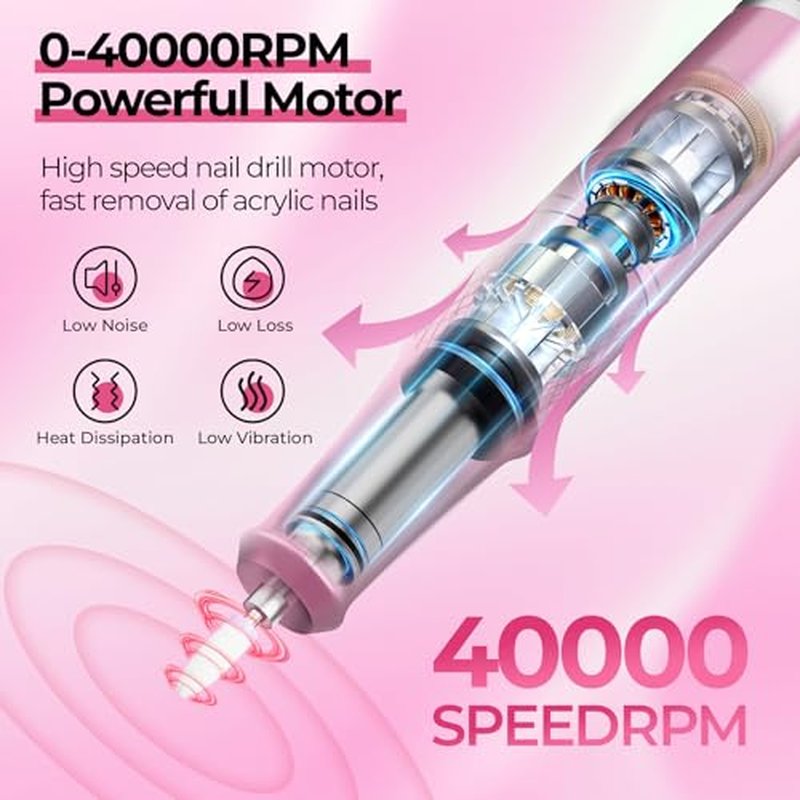 40000RPM Electric Nail File Drill Professional Kit, Drill Machine with LCD Display, Manicure Pedicure Polishing Acrylic Gel Nail Grinder for Salon, Home Use